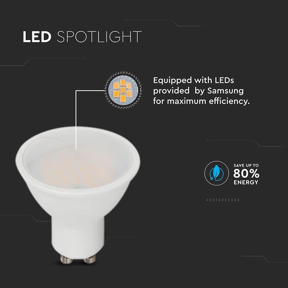 Bec LED 4.5W(35W) V-TAC VT-205, GU10, 400 lm, cip Samsung, lumina rece (6500 K), clasa energetica F - 1 | YEO