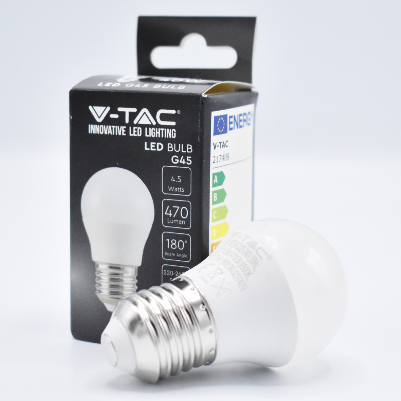 Bec LED 4.5W(40W) V-TAC, G45, E27, 470 lm, lumina rece (6500K), clasa energetica F - 1 | YEO
