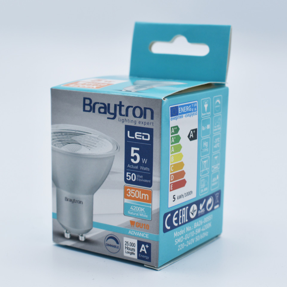 Bec LED 5.5W(50W) Braytron, GU10, 400 lm, lumina neutra (4000 K), dimabil, clasa energetica F