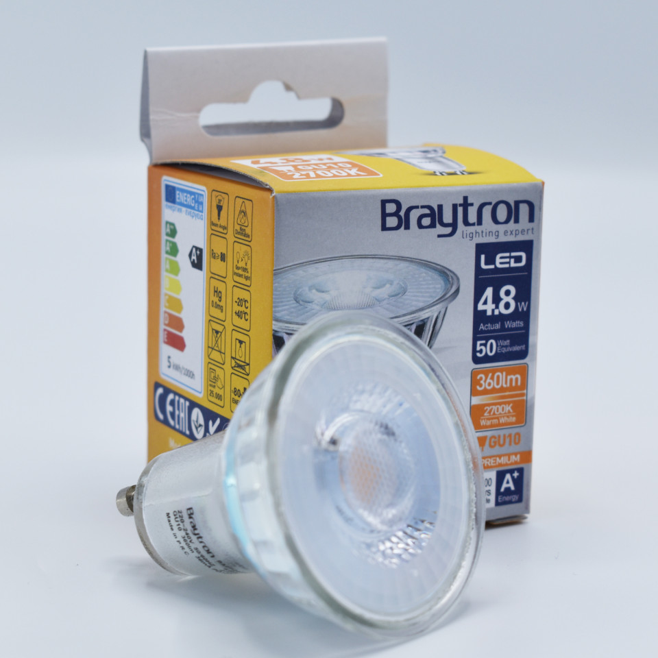 Bec LED Braytron, 4.8W(50W), GU10, 350 lm, lumina calda (2700K), semitransparent, clasa energetica F - 1 | YEO