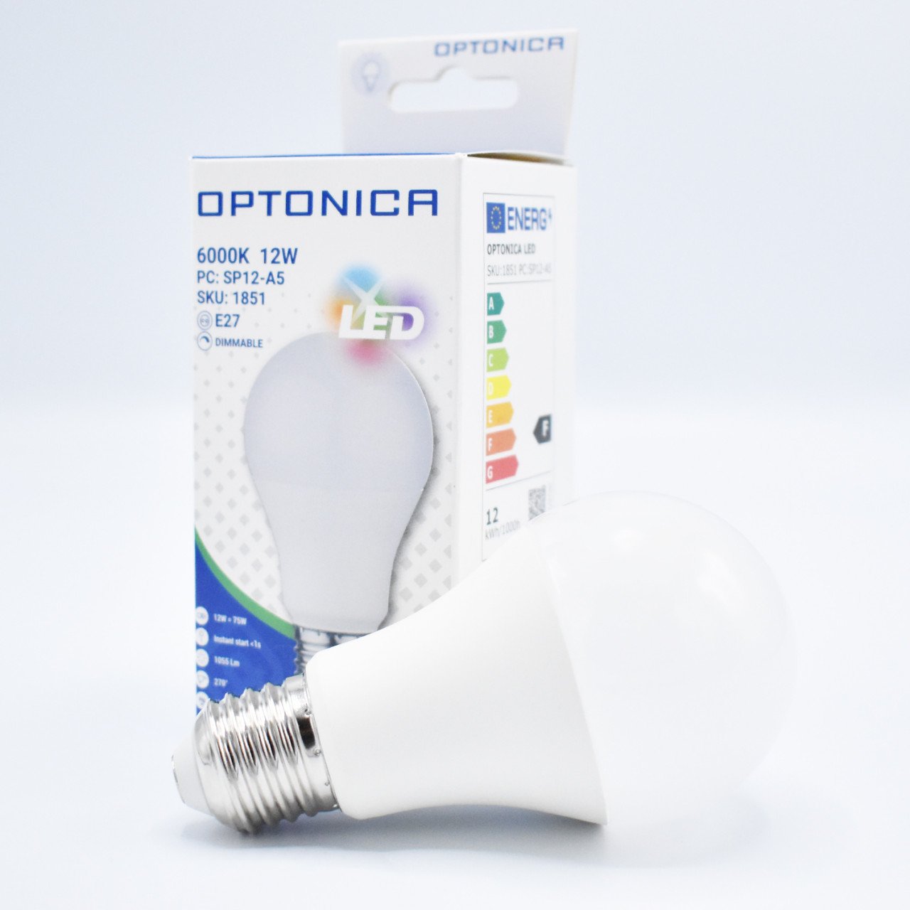 Bec LED dimabil 12W (75W), E27, A60, 1055 lm, lumina rece (6000K), opal, Optonica - 1 | YEO