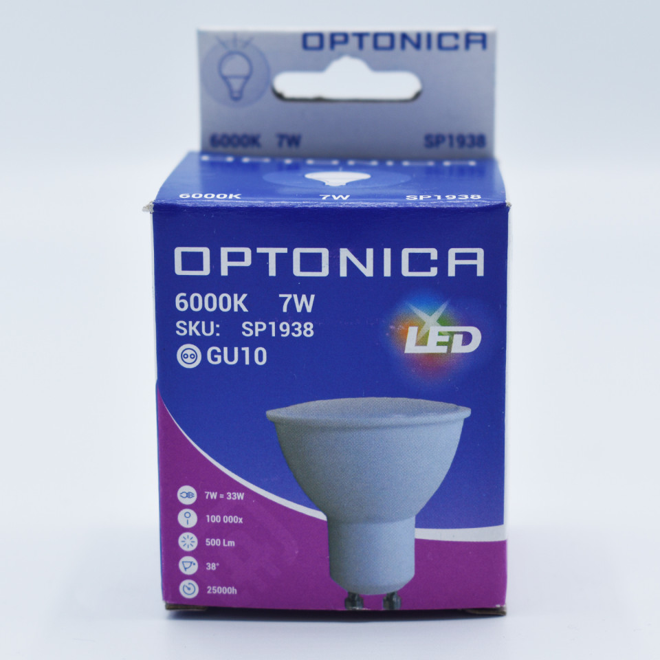 Bec LED GU10 Optonica, 7W(56W), 560 lm, lumina rece (6000K), semiclar, clasa energetica F - 2 | YEO
