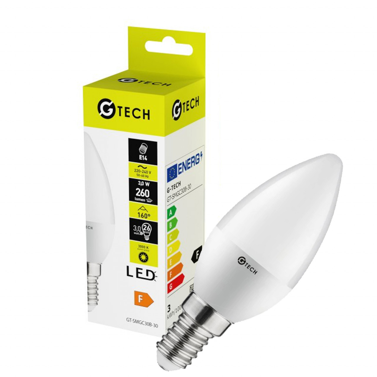 Bec LED lumanare GTV, E14, 3W(21W), 260 lm, lumina calda (3000K), clasa energetica F