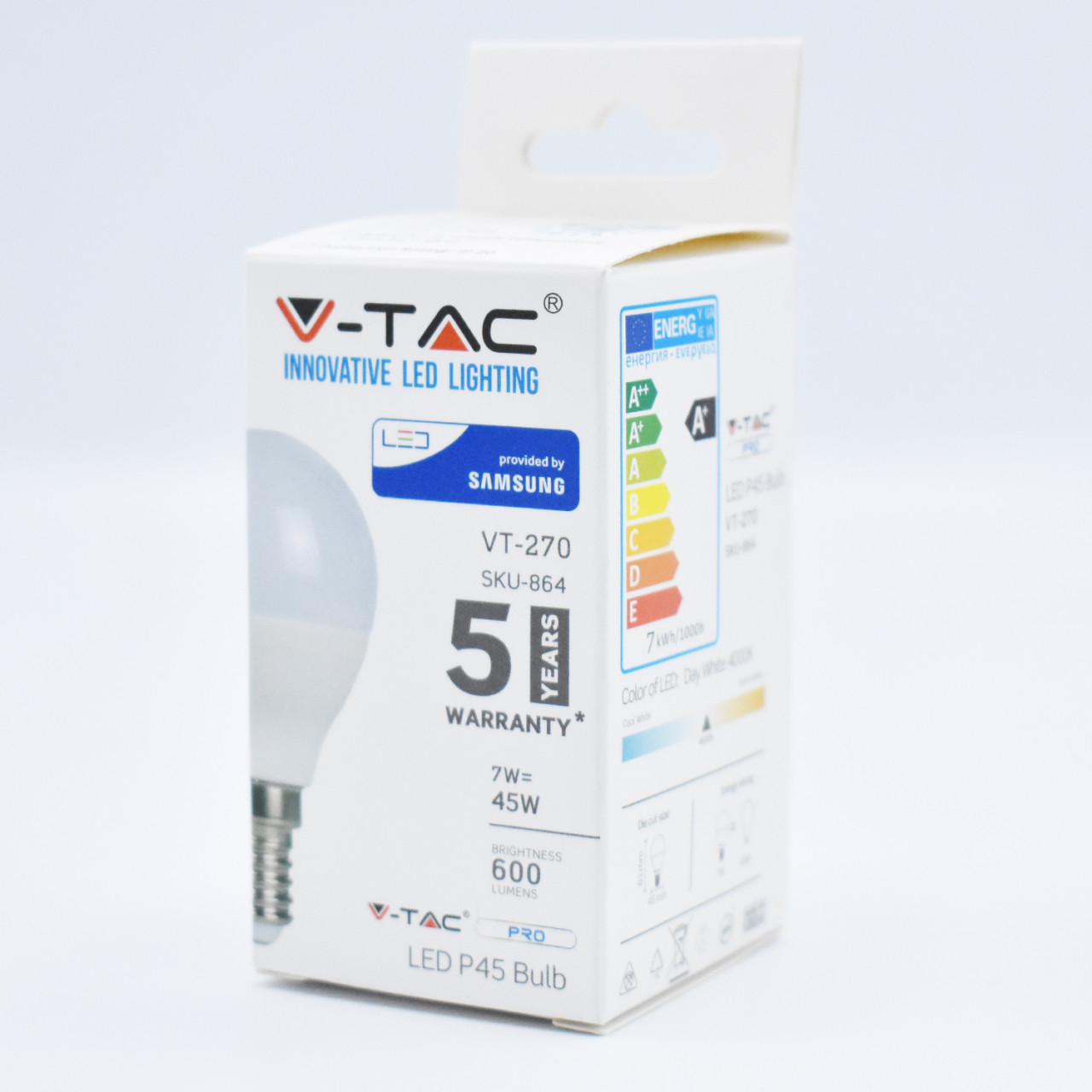Bec LED sferic 7W(45W) V-TAC, P45, E14, 600 lm, lumina neutra (4000K), cip Samsung, clasa energetica F