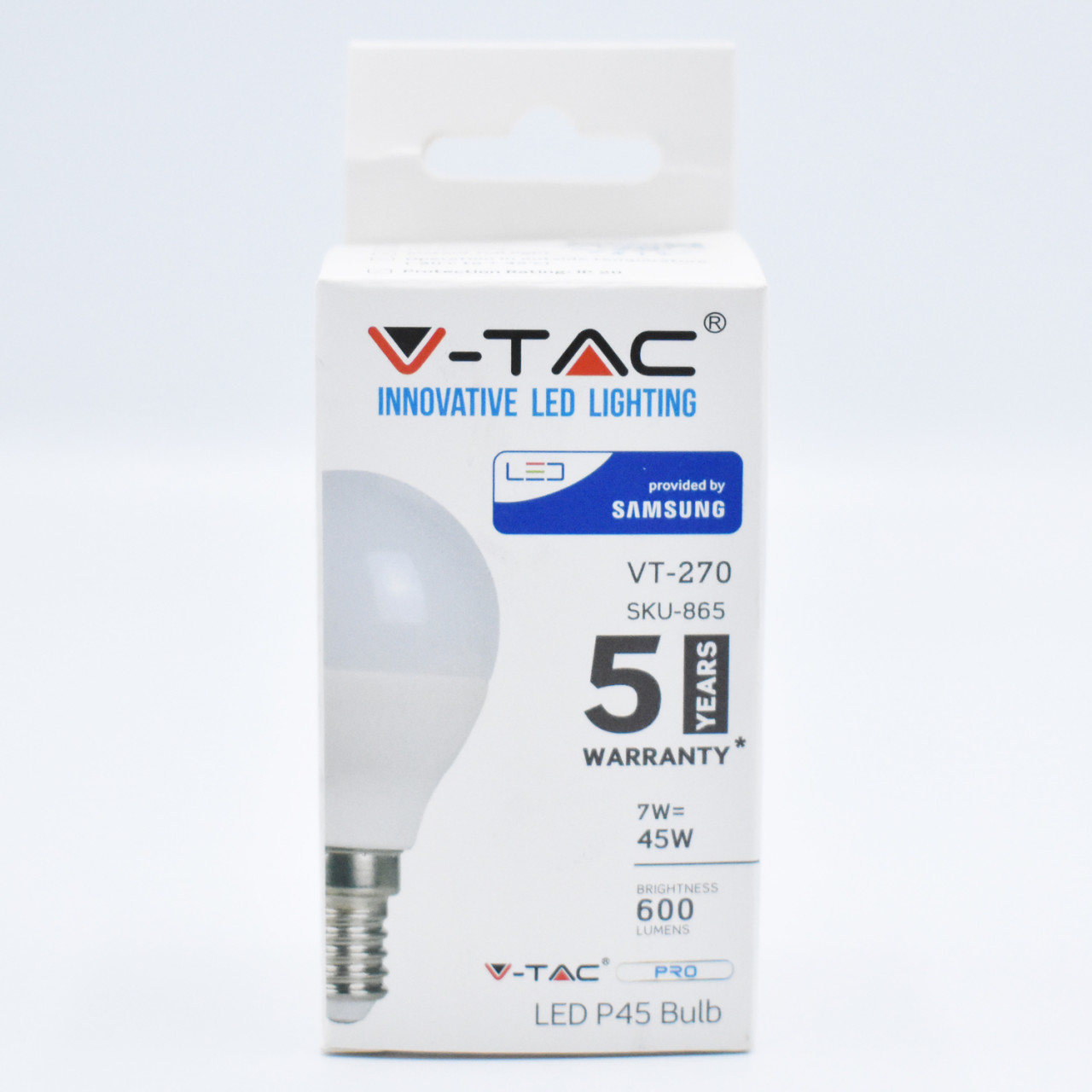 Bec LED sferic 7W(45W) V-TAC, P45, E14, cip Samsung, 600 lm, lumina rece (6400 K), opal, clasa energetica F - 2 | YEO