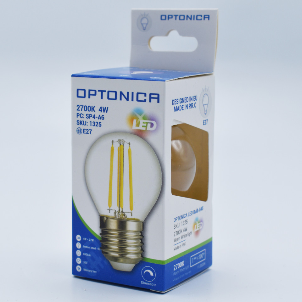 Bec LED sferic Vintage filament 4W(35W) Optonica, G45, E27, 400 lm, lumina calda (2700K), dimabil, clasa energetica F