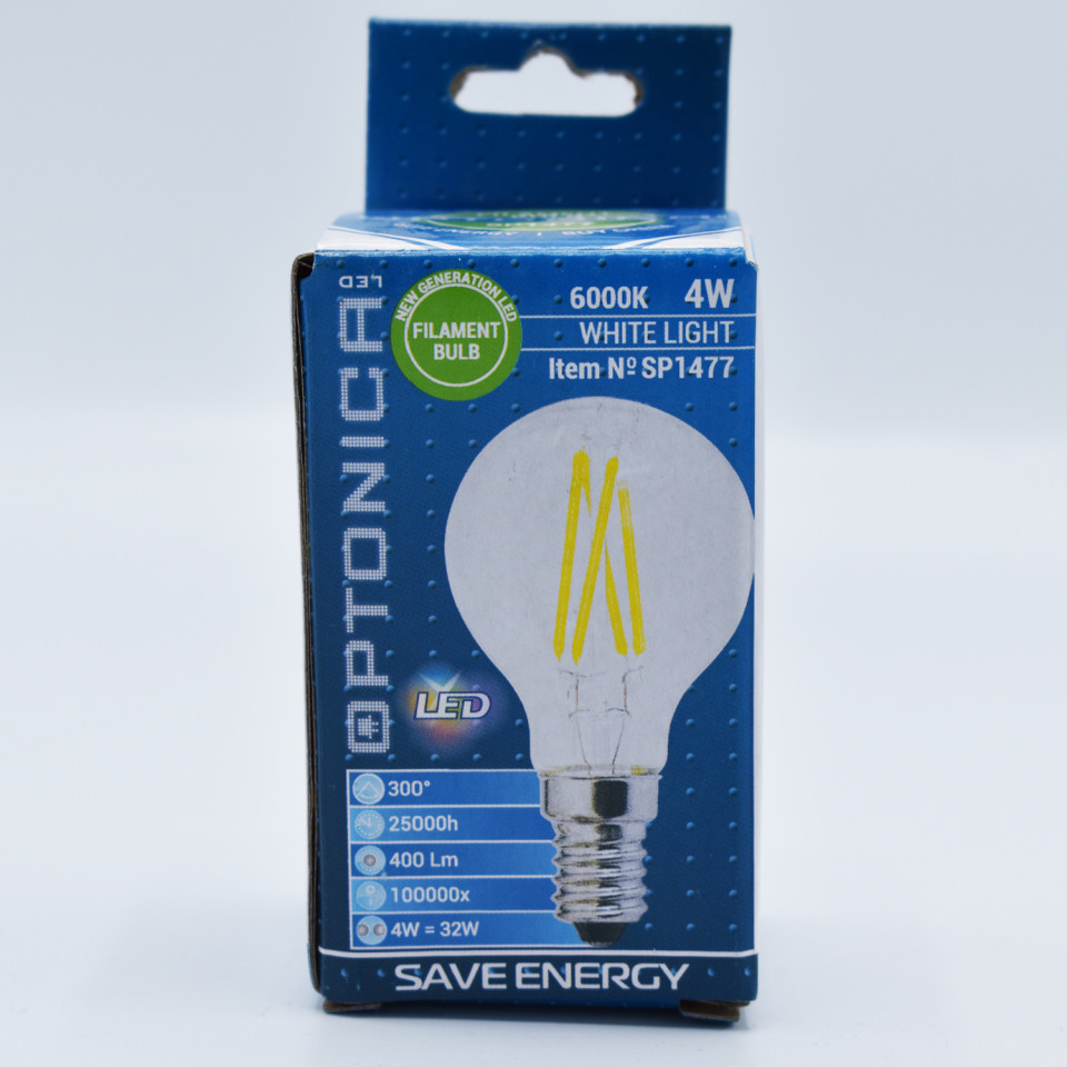 Bec LED sferic Vintage filament Optonica, 4W(32W), E14, G45, 400 lm, lumina rece (6000K), clasa energetica F - 2 | YEO