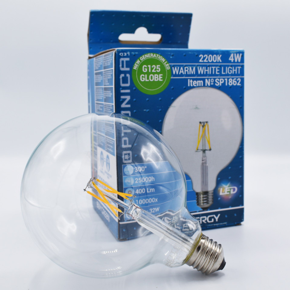 Bec LED Vintage filament 4W(32W) Optonica, G125, E27, 400 lm, lumina calda (2700K), clasa energetica F - 1 | YEO