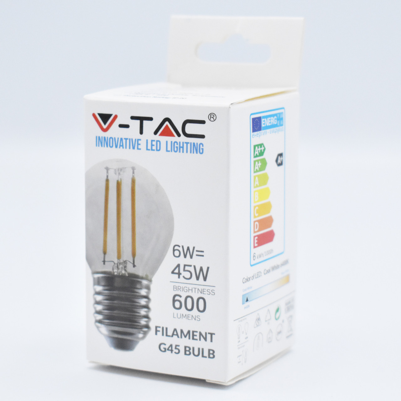 Bec LED Vintage filament V-TAC, 6W(45W), E27, G45, 600 lm, lumina rece (6400K), clasa energetica F