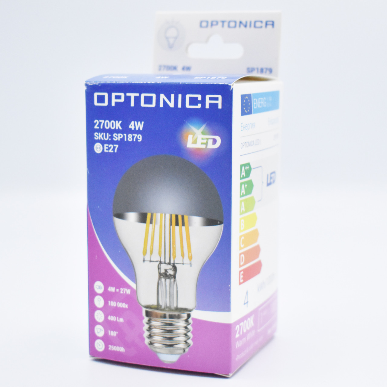 Bec LED Vintage Optonica, 4W(27W), E27, A60, 400 lm, lumina calda (2700K), finisaj argintiu, clasa energetica F