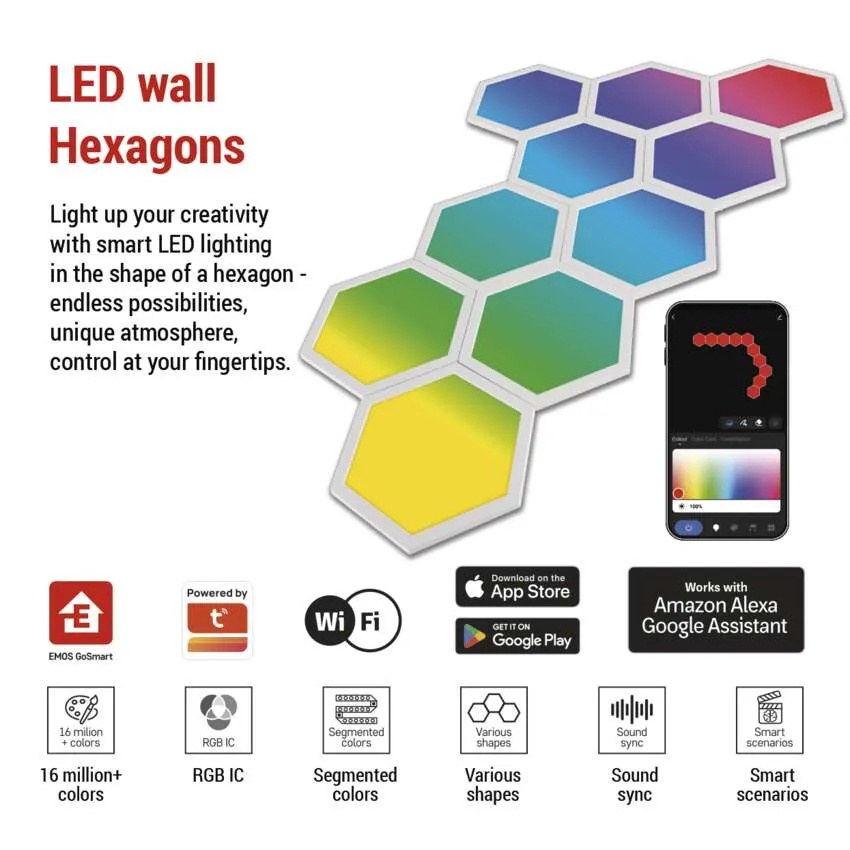 Kit lumină smart GoSmart Hexagon 10 panouri, 19W, RGBIC, WiFi