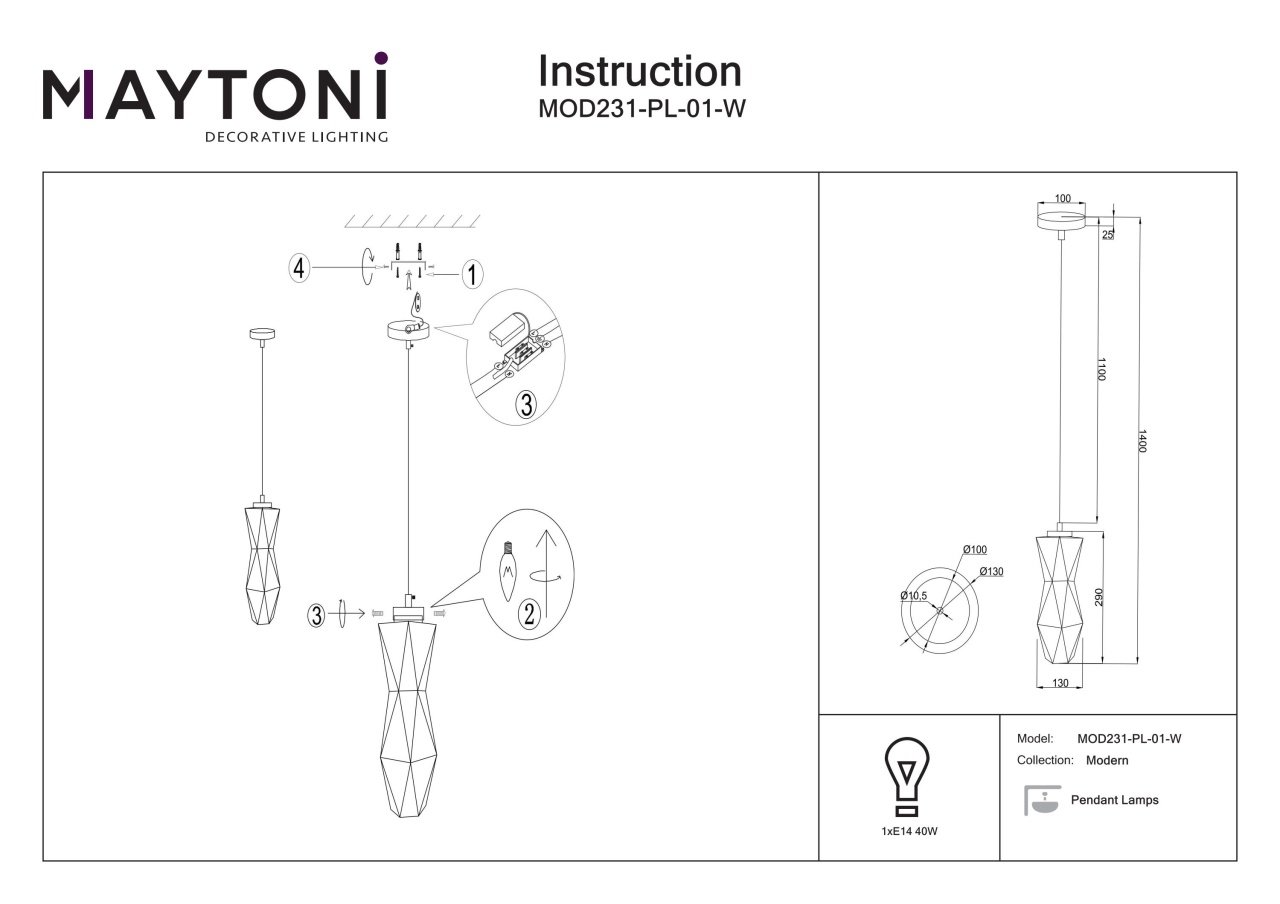 Pendul Simplicity MOD231-PL-01-W, 1xE14, alb, IP20, Maytoni