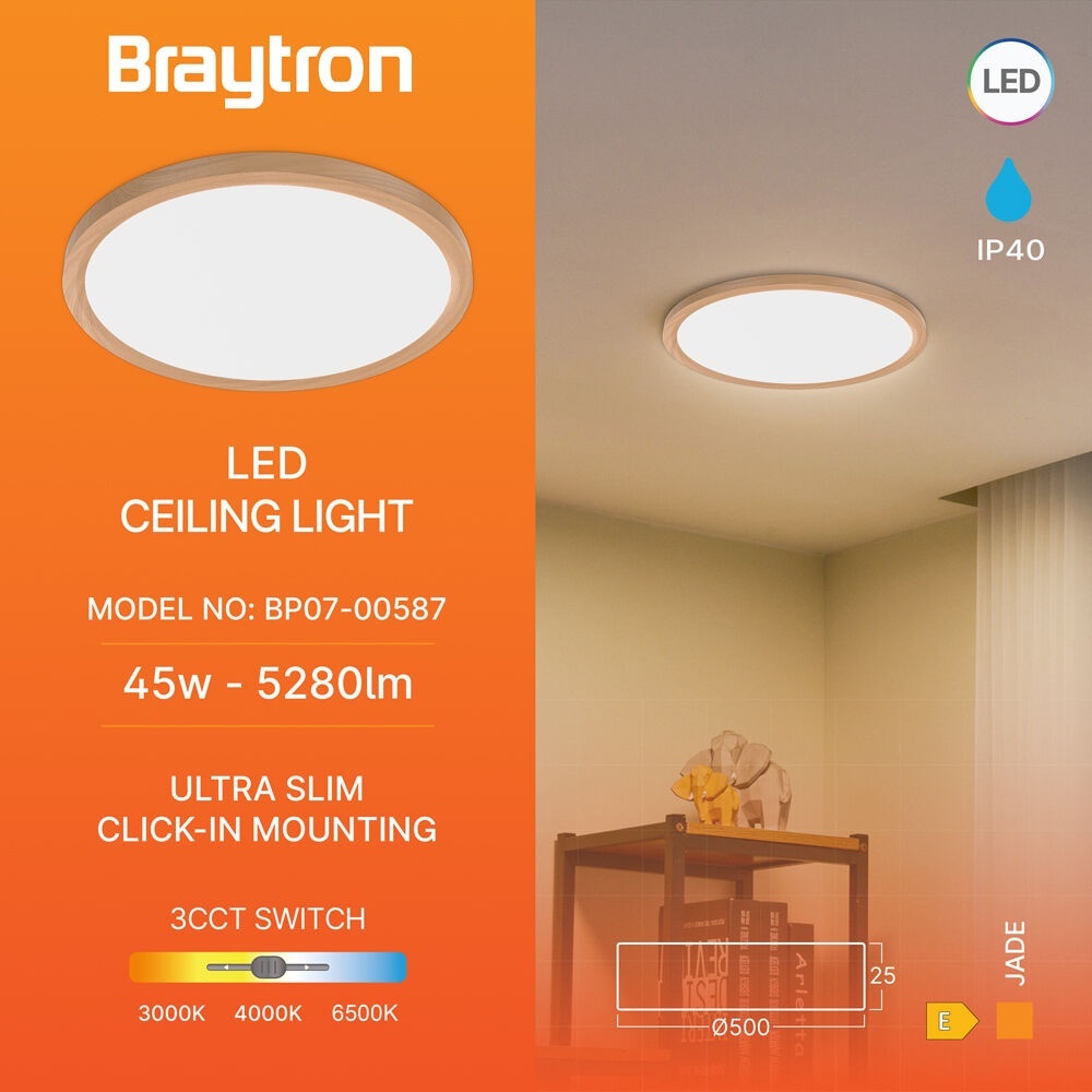 Plafoniera LED 45W, lumina calda/neutra/rece, finisaj lemn, IP40, Braytron - imagine 3