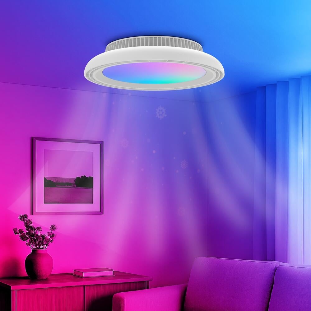 Plafoniera LED cu ventilator, Braytron, 24W+30W, RGB+lumina calda/neutra/rece, alba, telecomanda
