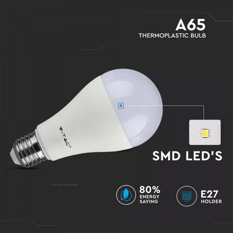 Set 3 becuri LED V-TAC, 15W(90W), E27, 1350 lm, lumina neutra (4000K), clasa energetica F - 2 | YEO
