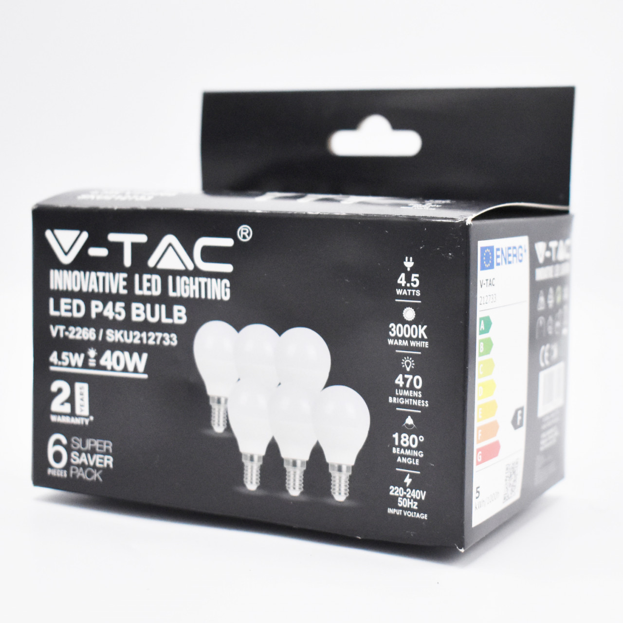 Set 6 becuri LED 4.5W(40W) V-TAC, E14, P45, 470 lm, lumina calda (3000 K), clasa energetica F