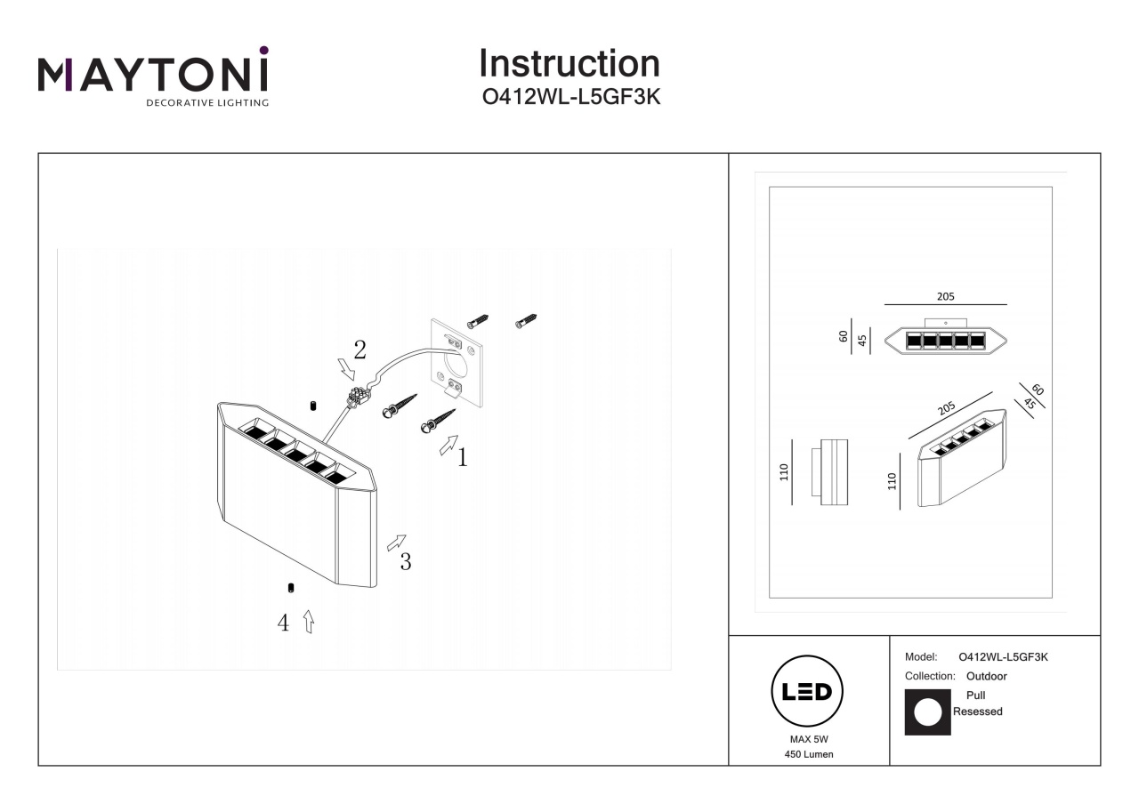 Aplica pentru exterior LED Pull O412WL-L5GF3K, 5W, 450lm, lumina calda, IP54, grafit, Maytoni - 3 | YEO