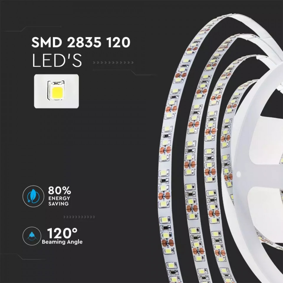 Banda led SMD 3528 V-TAC, lumina rece(6400K), 8W/m, 800lm/m, 120 leduri/m, 24V, IP65 - 1 | YEO