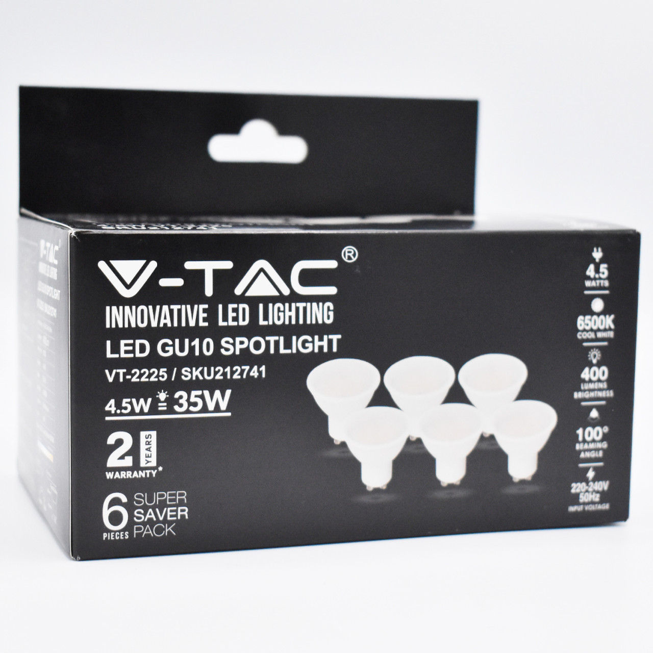 Bec LED 4.5W(35W) V-TAC, GU10, 400 lm, lumina rece (6500K), clasa energetica F