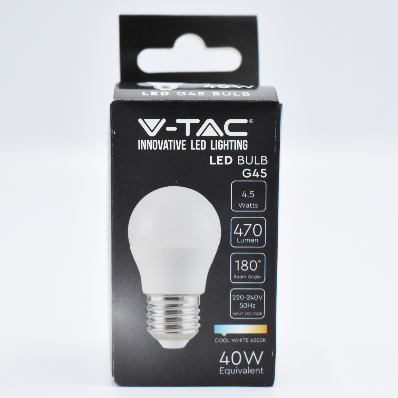Bec LED 4.5W(40W) V-TAC, G45, E27, 470 lm, lumina rece (6500K), clasa energetica F - 2 | YEO