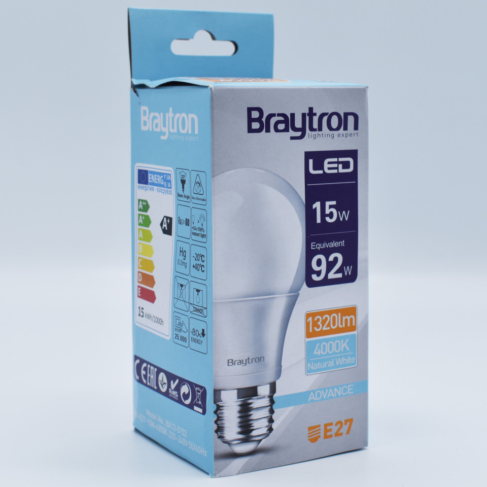 Bec LED Braytron, 15W(90W), E27, A60, 1350 lm, lumina neutra (4000K), opal, clasa energetica F