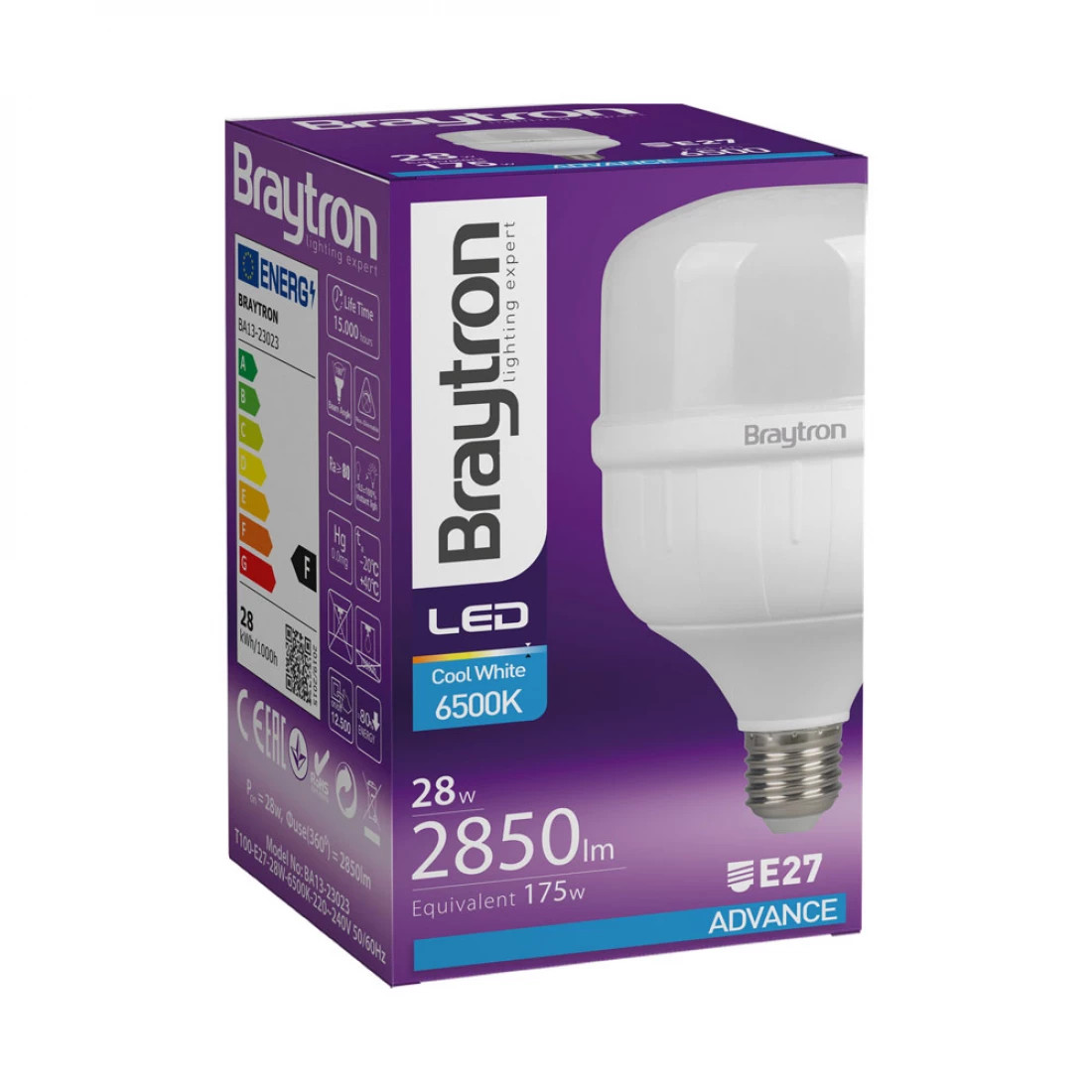 Bec LED Braytron, 28W(175W), T100, E27, 2850 lm, lumina rece (6500K), clasa energetica F - 2 | YEO