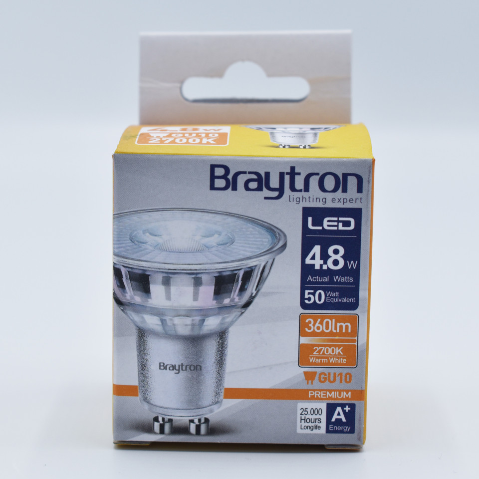 Bec LED Braytron, 4.8W(50W), GU10, 350 lm, lumina calda (2700K), semitransparent, clasa energetica F - 2 | YEO