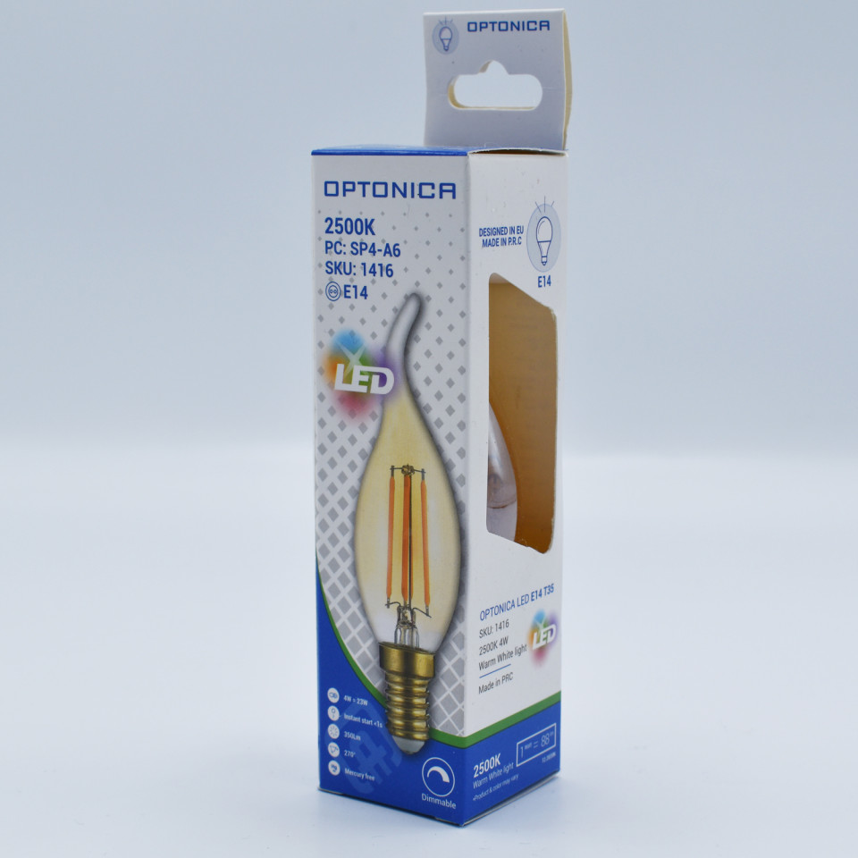 Bec LED flacara Vintage filament 4W(27W) Optonica, C35T, E14, 400 lm, lumina calda (2700K), auriu, dimabil, clasa energetica F