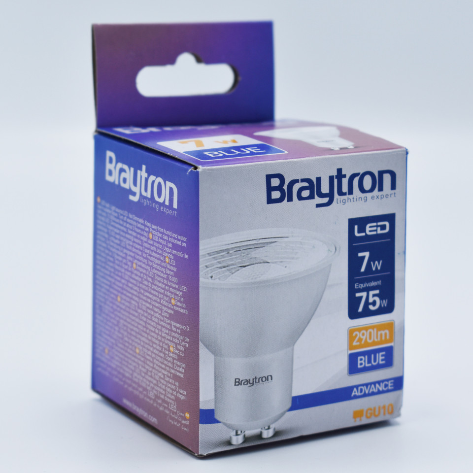 Bec LED GU10 Braytron, 7W(50W), 290 lm, lumina albastra, semitransparent, clasa energetica G