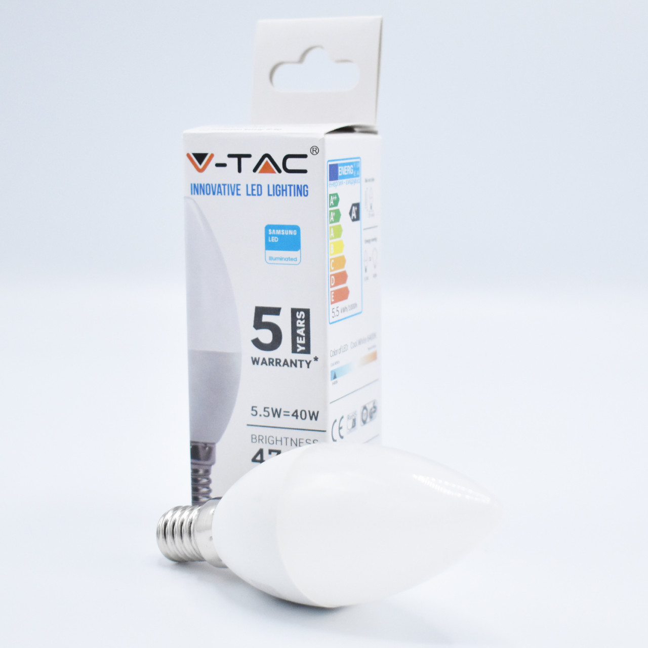 Bec LED lumanare 5.5W(40W) V-TAC, chip Samsung, E14, C37, 470 lm, lumina rece (6400K), clasa energetica G - 1 | YEO