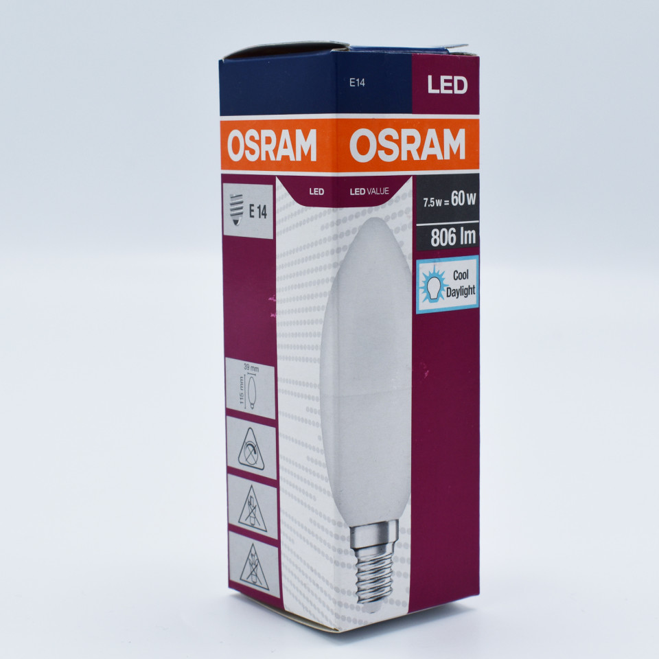 Bec LED lumanare 7.5W(60W) Osram, B40, E14, 806 lm, lumina rece (6500K), clasa energetica F