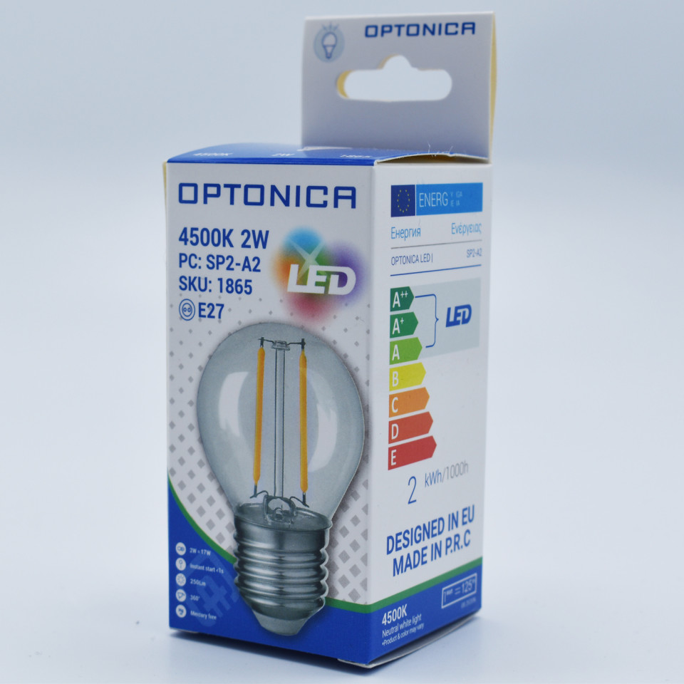 Bec LED sferic Vintage Optonica, 2W(17W), E27, G45, 250 lm, lumina neutra (4500K), clar, clasa energetica E