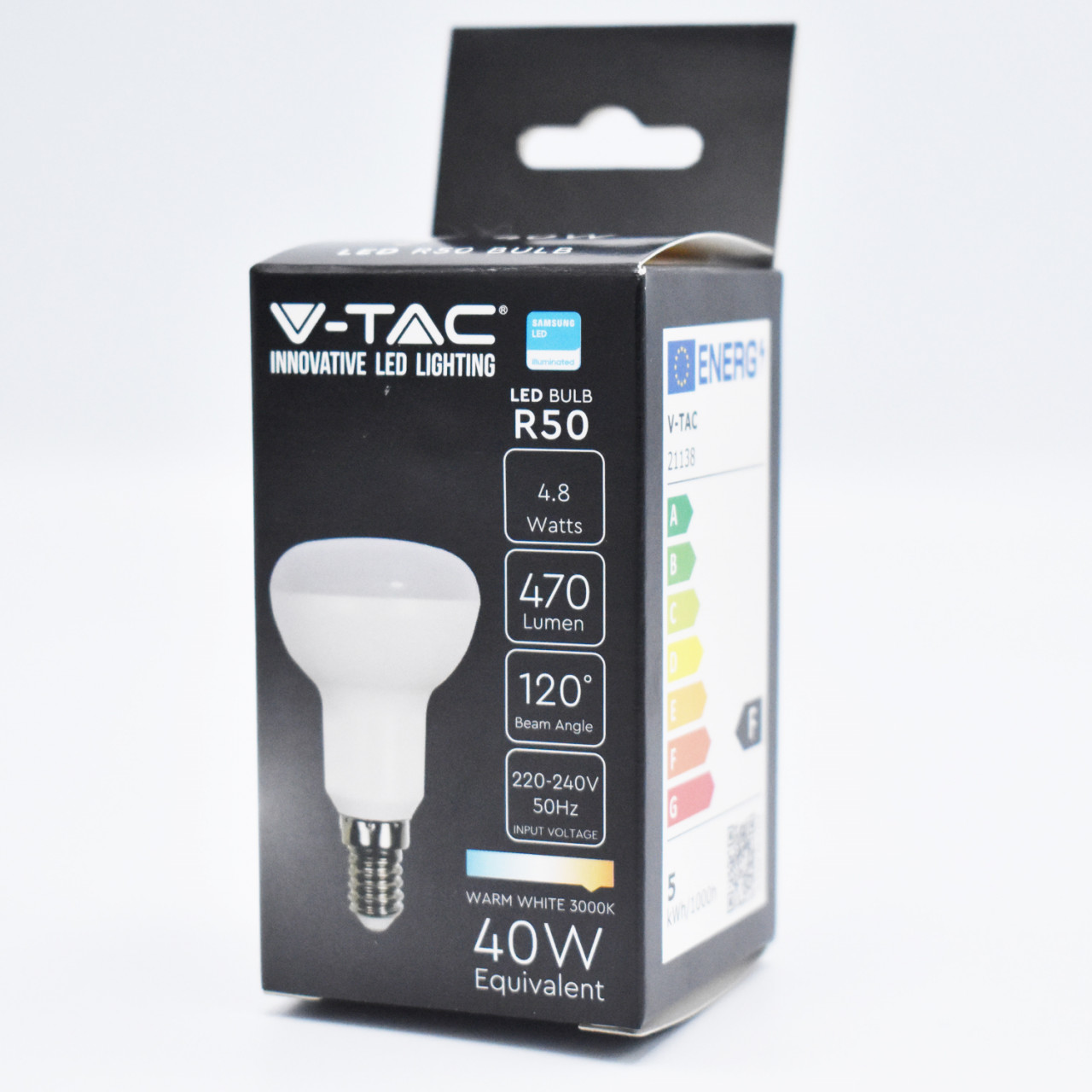 Bec LED V-TAC, 4.8W(40W), R50, E14, 470 lm, lumina calda (3000K), opal, clasa energetica F