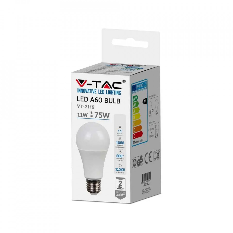 Bec LED V-TAC, E27, 11W(75W), 1055 lm, lumina calda (3000K), clasa energetica F