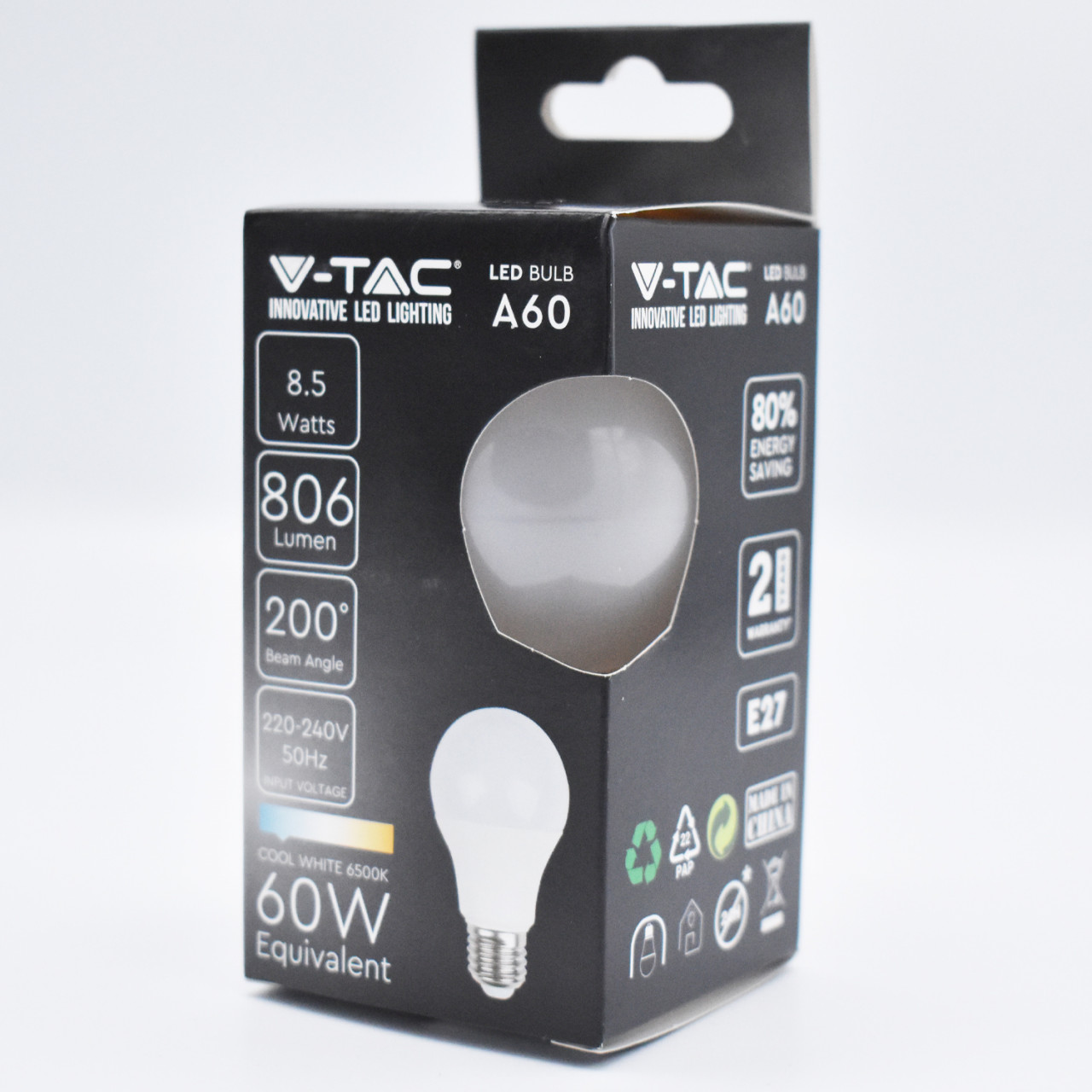 Bec LED V-TAC, E27, 8.5W(60W), 806 lm, lumina rece (6500K), opal, clasa energetica F