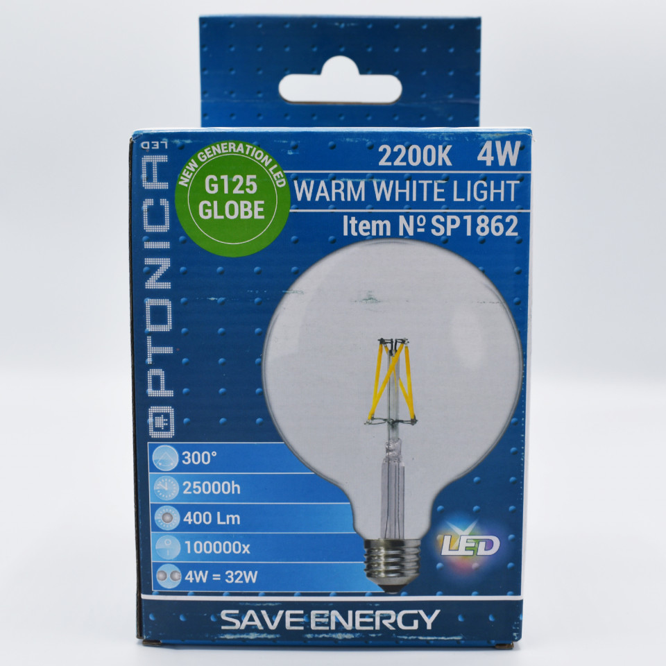 Bec LED Vintage filament 4W(32W) Optonica, G125, E27, 400 lm, lumina calda (2700K), clasa energetica F - 2 | YEO