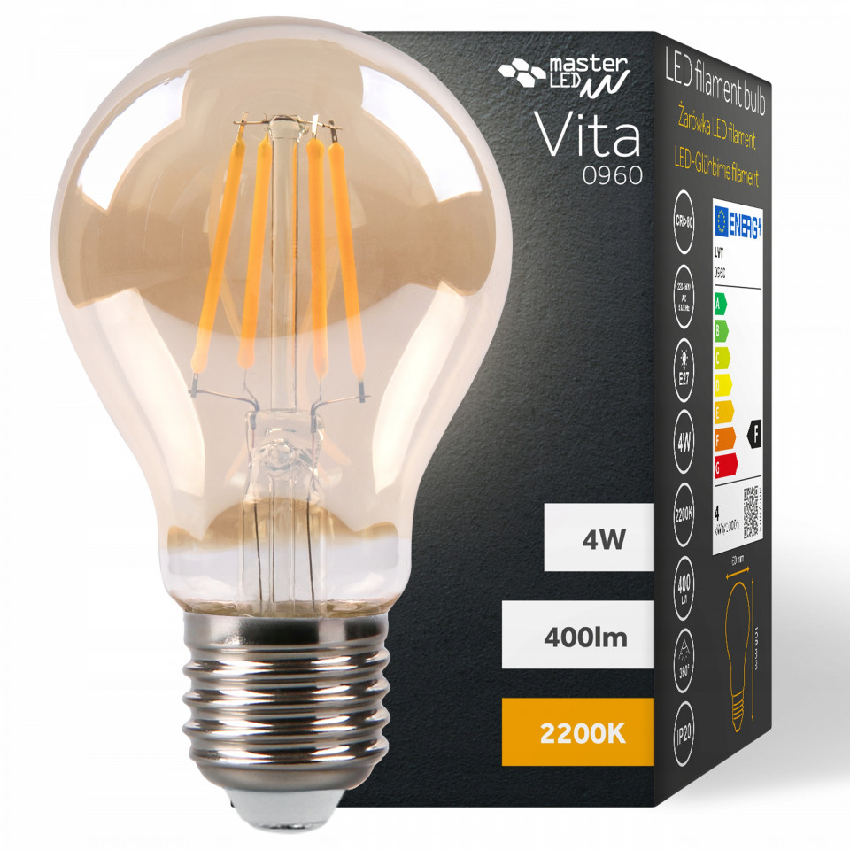 Bec LED Vintage filament Masterled, 4W(40W), E27, A60, 400 lm, lumina calda (2200K), auriu, clasa energetica F
