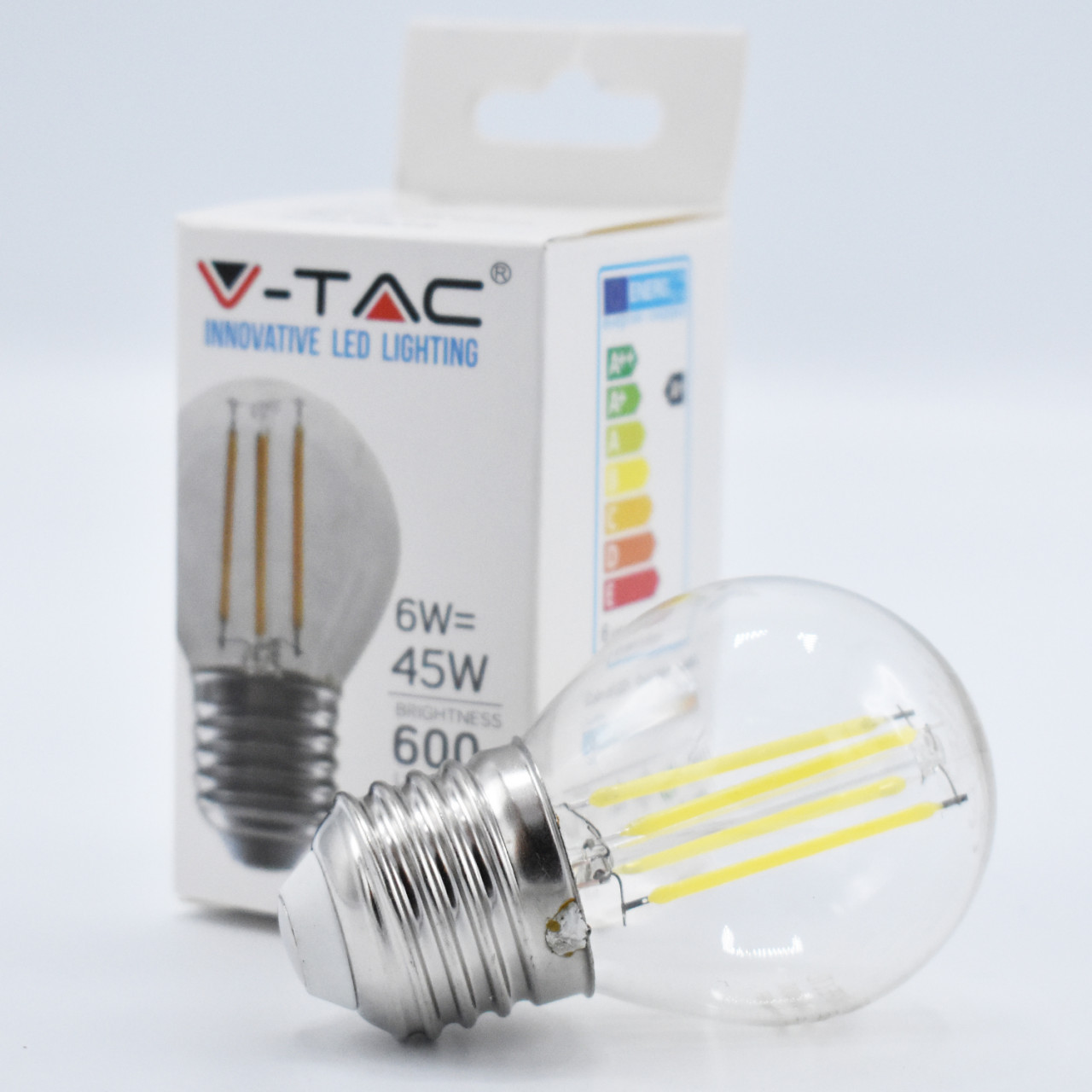 Bec LED Vintage filament V-TAC, 6W(45W), E27, G45, 600 lm, lumina rece (6400K), clasa energetica F - 1 | YEO