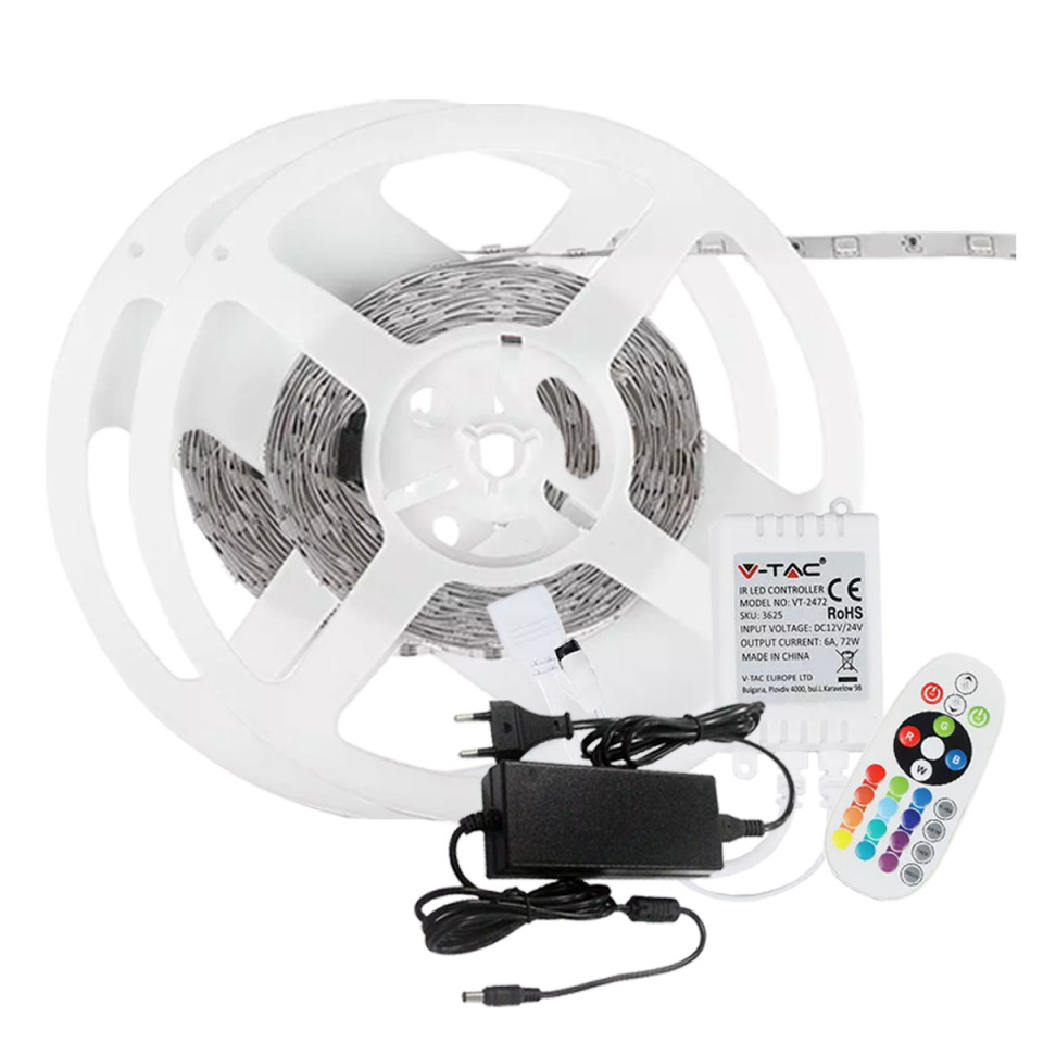 Kit Banda LED 5050, RGB, 10m, Interior, 30 LEDuri/m, Controller 24 Taste+Alimentare