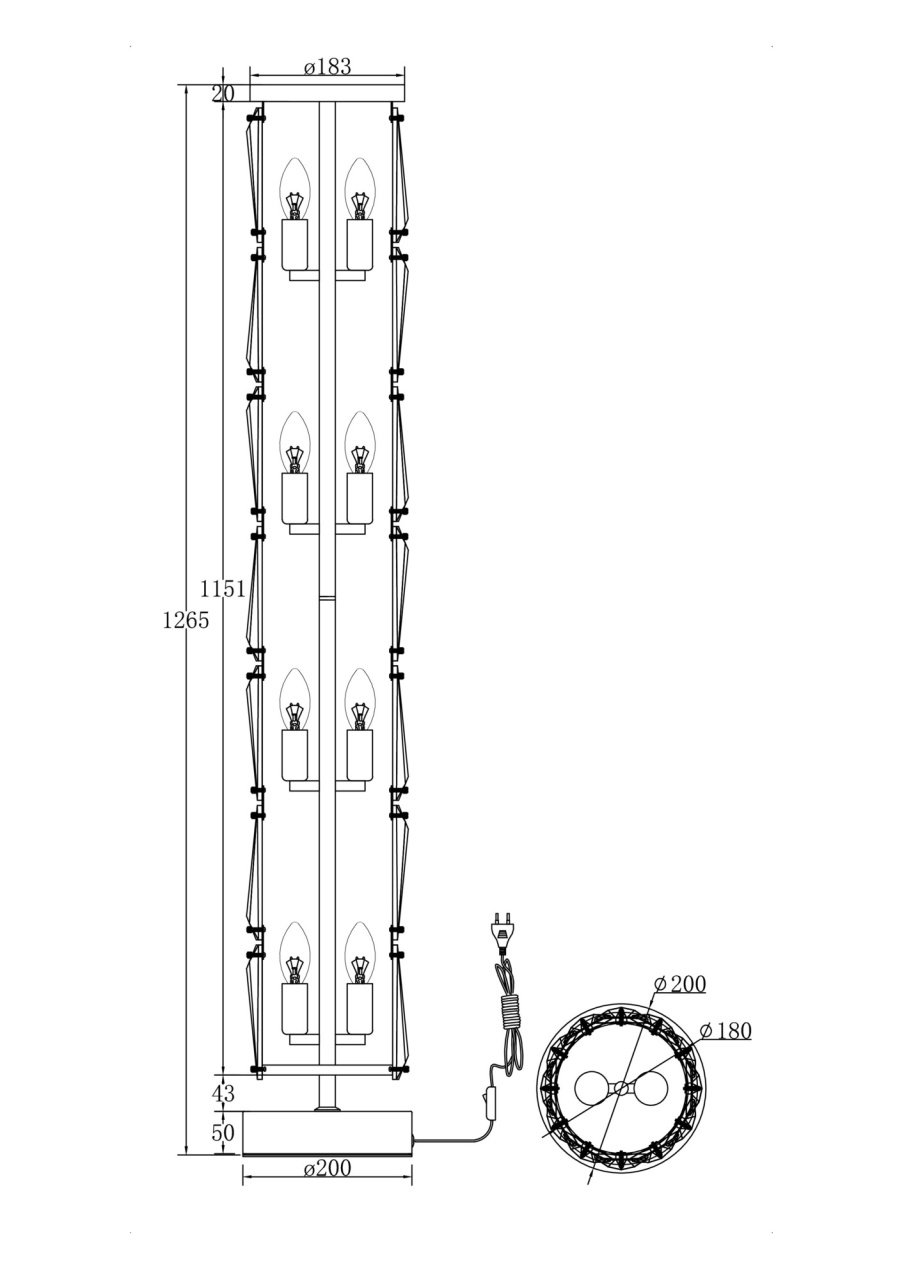 Lampadar Puntes MOD043FL-08CH, cu intrerupator, 8xE14, crom+transparent, IP20, Maytoni