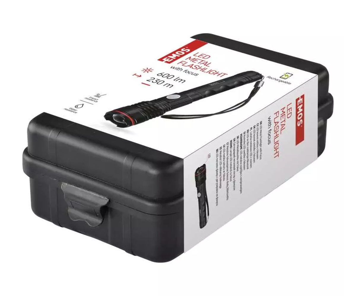 Lanterna LED reincarcabila EMOS, 600 lm, 230 m, zoom, 3 moduri, Li-Ion/AAA, IP44, aluminiu, USB-C