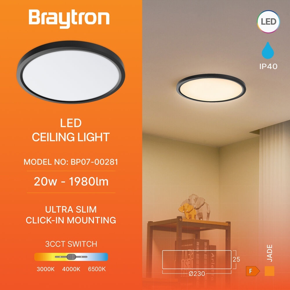 Plafoniera LED Jade 20W, lumina calda/neutra/rece, neagra, IP40, Braytron