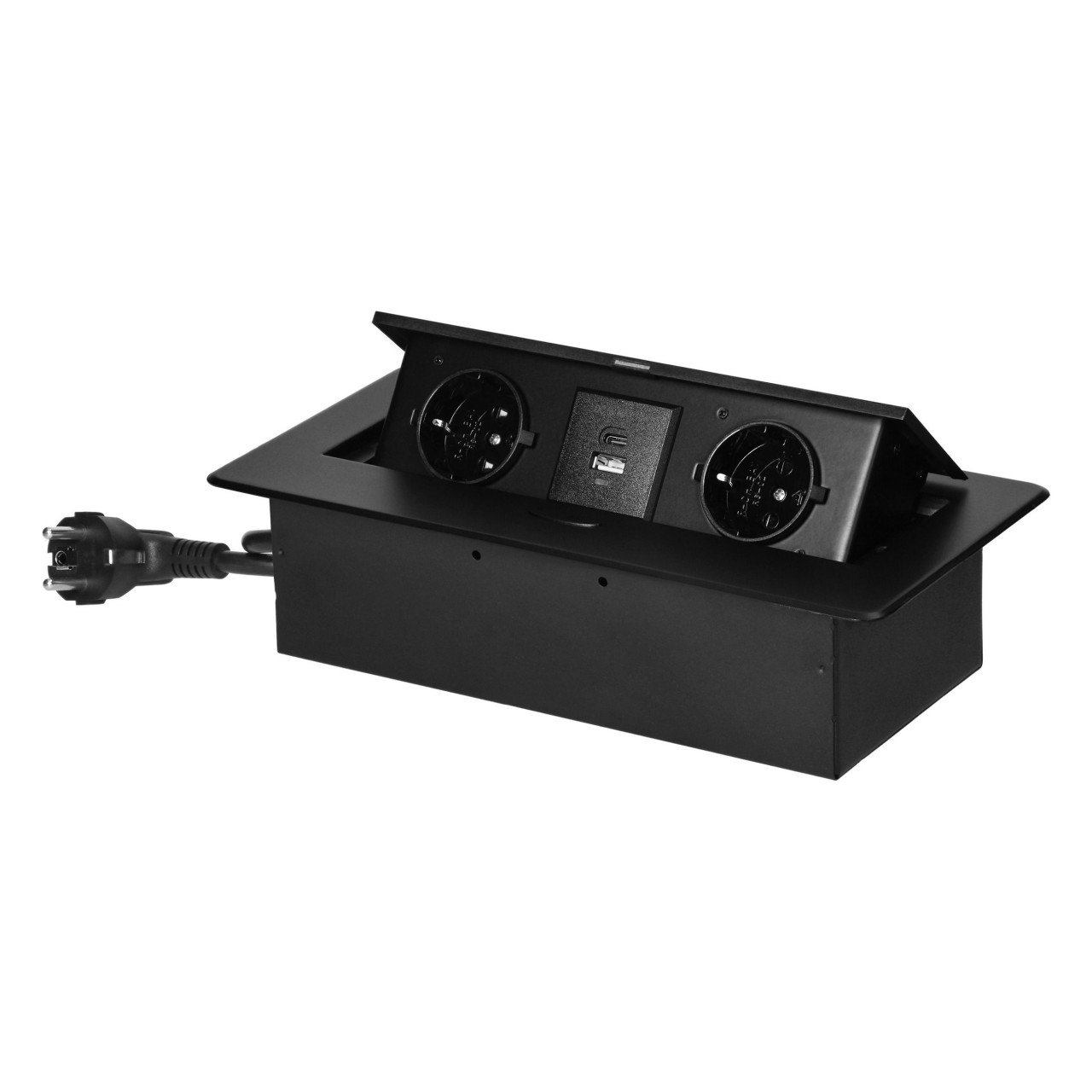 Priza incastrabila dreptunghiulara , 2 prize schuko, 2 usb A+C, neagra, cablu 1.5m, Orno