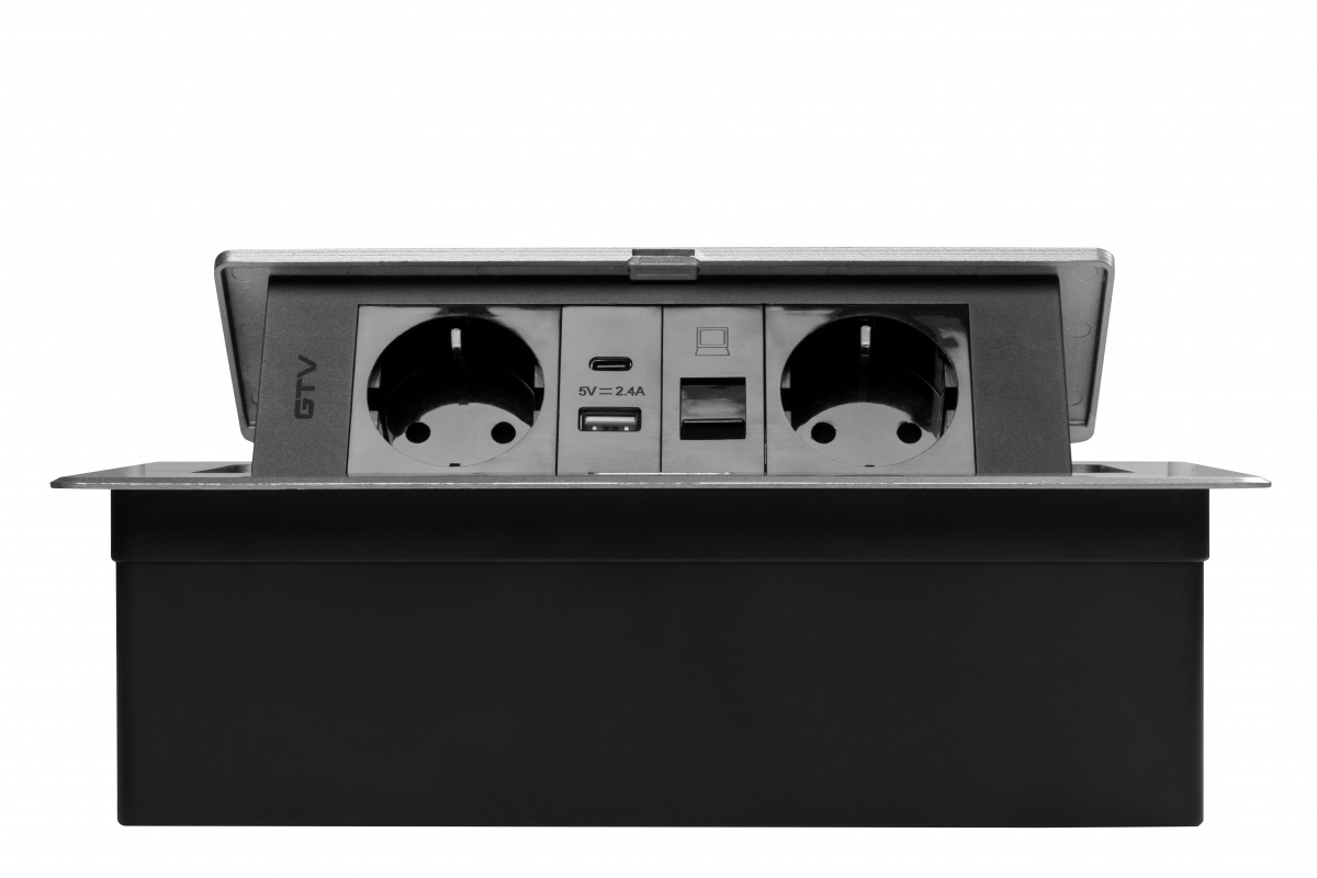 Priza incastrabila dreptunghiulara MULTISOFT, 2x Schuko, USB A+C, RJ45,1.5 m, aluminiu, GTV - imagine 2