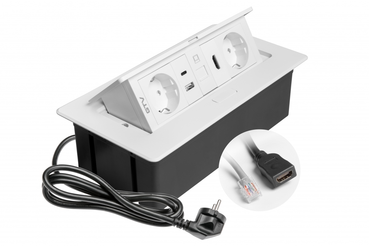 Priza incastrabila dreptunghiulara MULTISOFT, 2x Schuko, USB A+C, RJ45, HDMI,1.5 m, alba, GTV - imagine 4