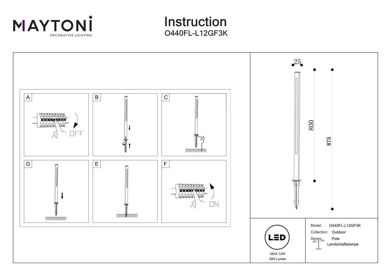 Stalp pentru exterior LED Pole O440FL-L12GF3K, 12W, 600lm, lumina calda, IP65, grafit, Maytoni - 2 | YEO