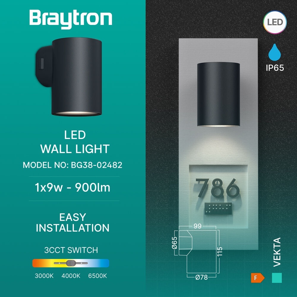 Aplica LED exterior 9W, 900lm, lumina calda/neutra/rece, IP65, gri inchis, Braytron - imagine 3