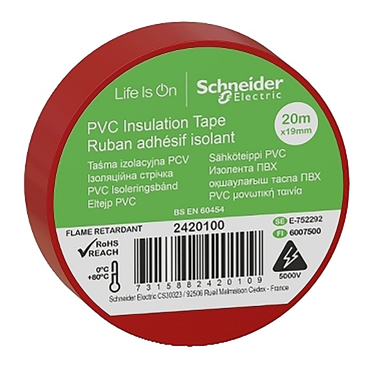 Banda izolatoare PVC, 20m x19mm, 5000V, 0-80C, rosie, Schneider