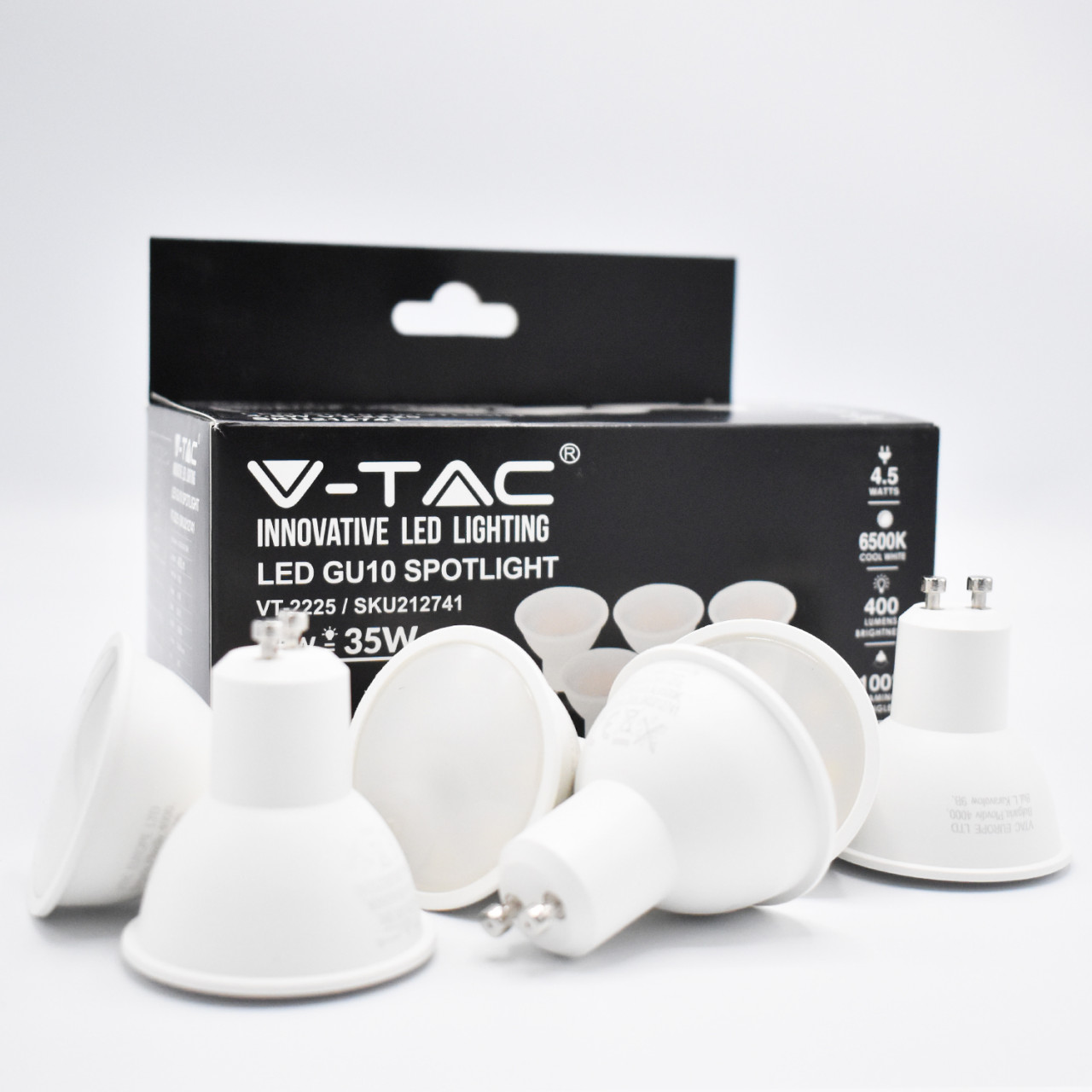 Bec LED 4.5W(35W) V-TAC, GU10, 400 lm, lumina rece (6500K), clasa energetica F - 1 | YEO