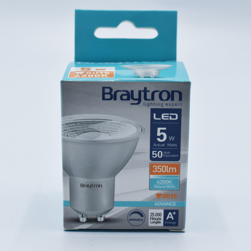 Bec LED 5.5W(50W) Braytron, GU10, 400 lm, lumina neutra (4000 K), dimabil, clasa energetica F - 2 | YEO